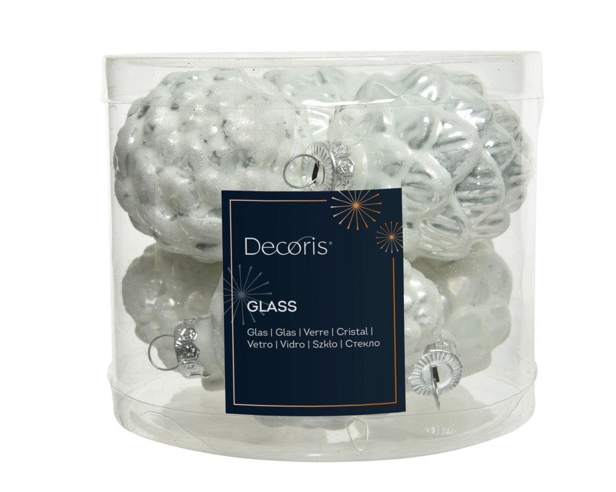 dennenappel glas enamel, matt glitter mix winterwit d.5cm x h.7cm