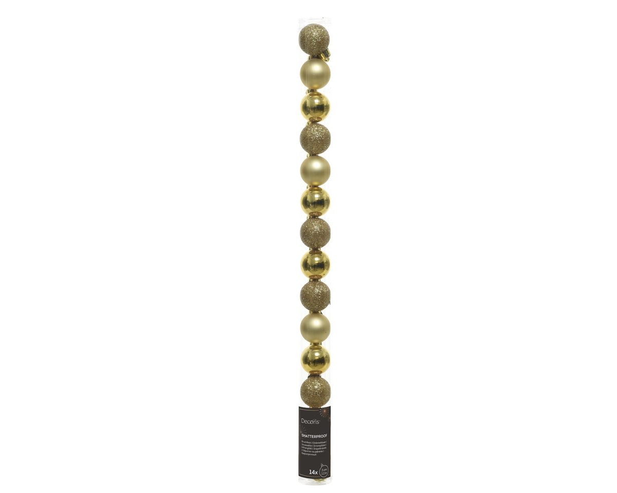 kerstballen polystyreen shiny, glitter, matt mix licht goud d.3cm koker a 14 stuks