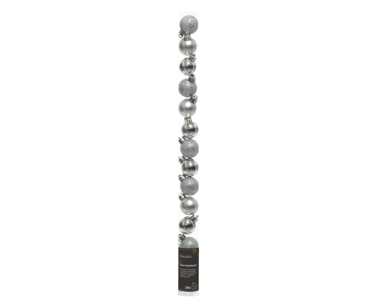 kerstballen polystyreen shiny, matt, glitter mix zilver d.3cm koker a 14 stuks
