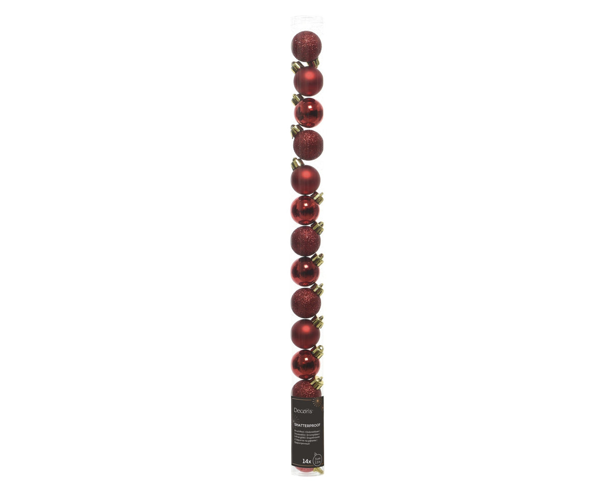 kerstballen polystyreen shiny, matt, glitter mix kerstrood d.3cm koker a 14 stuks