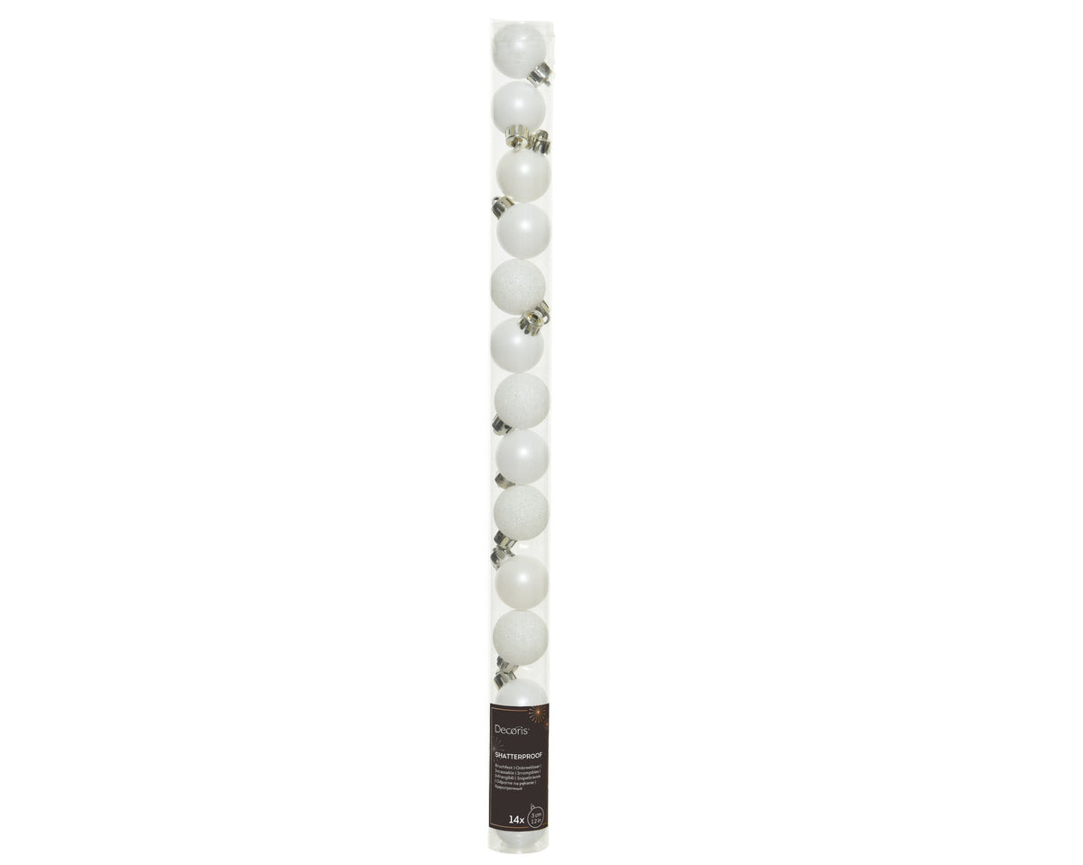 kerstballen polystyreen matt, glitter mix winterwit d.3cm koker a 14 stuks
