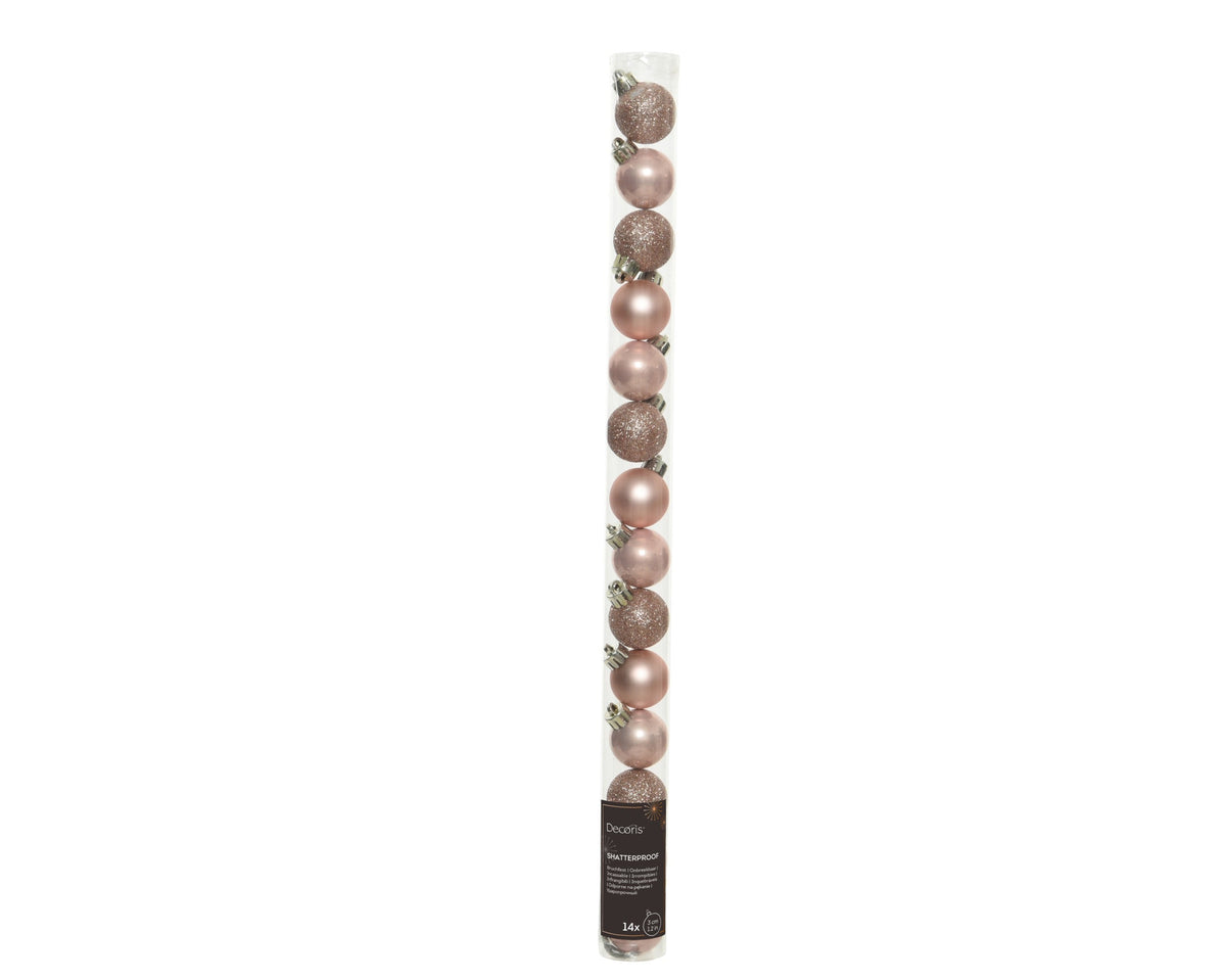 kerstballen polystyreen shiny, matt, glitter mix poederroze d.3cm koker a 14 stuks