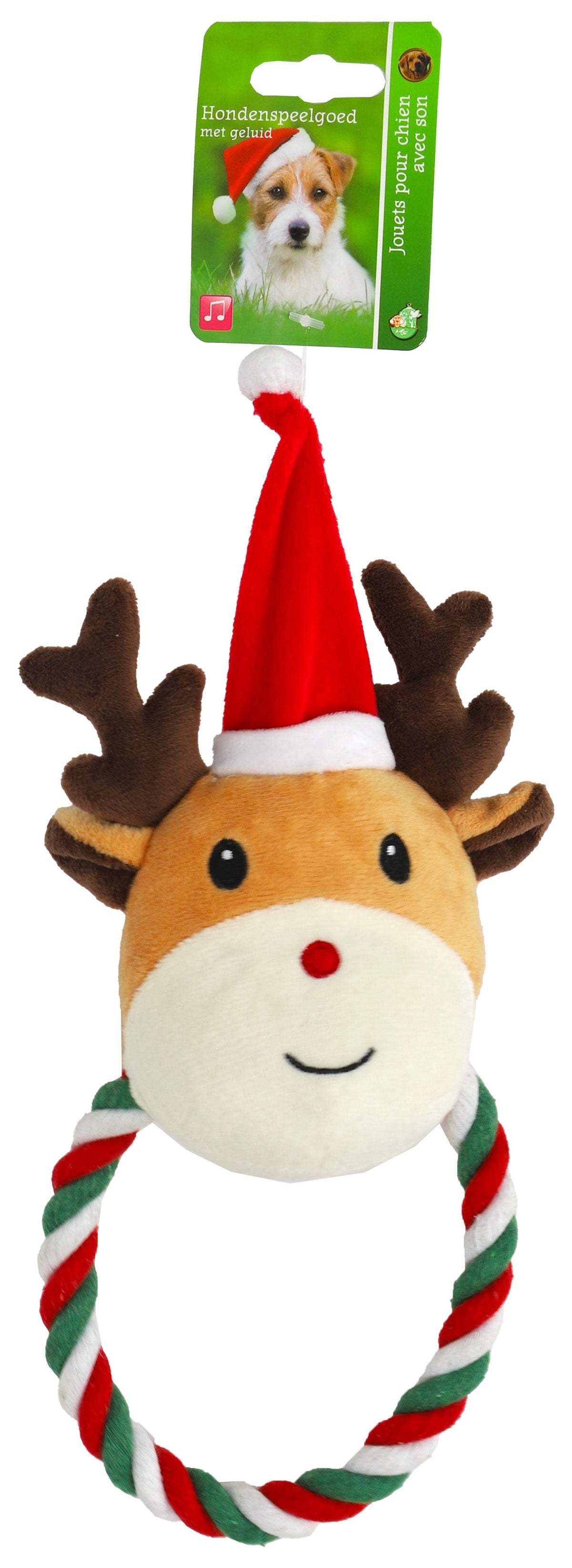 rendier+kerstmuts pluche+flosstouw 27cm