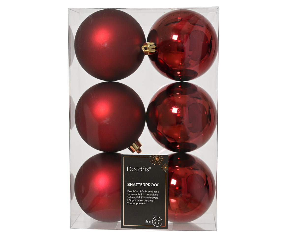 kerstballen polystyreen mix ossenbloed d.8cm koker a 6 stuks