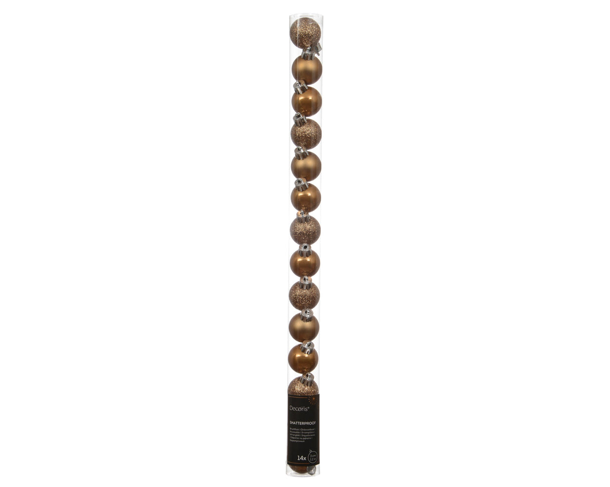 kerstballen polystyreen enamel - matt - glitter mix karamel bruin d.3cm koker a 14 stuks