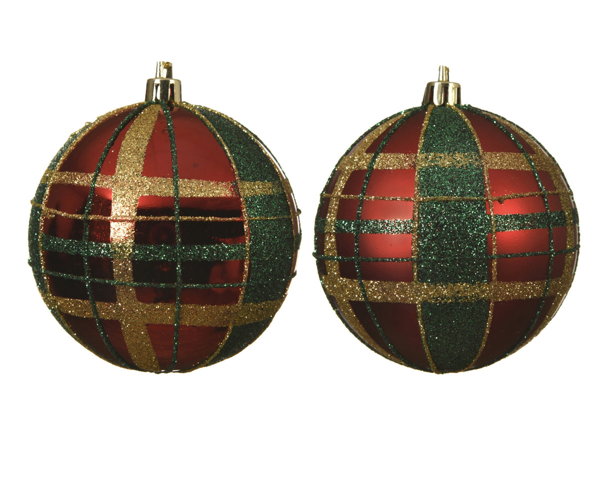 kerstbal kunststof shiny - matt gold - green check glitter 2ass kerstrood d.8cm