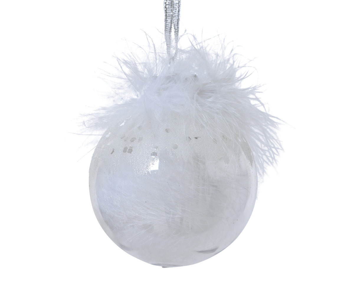 kerstbal kunststof transparant with white feathers inside transparant/wit d.8cm x l.8cm