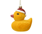 eend plastic flock finish w glitter hat, mouth, nose geel/kleur(en) l.8.8cm x w.6.5cm x h.9.4cm