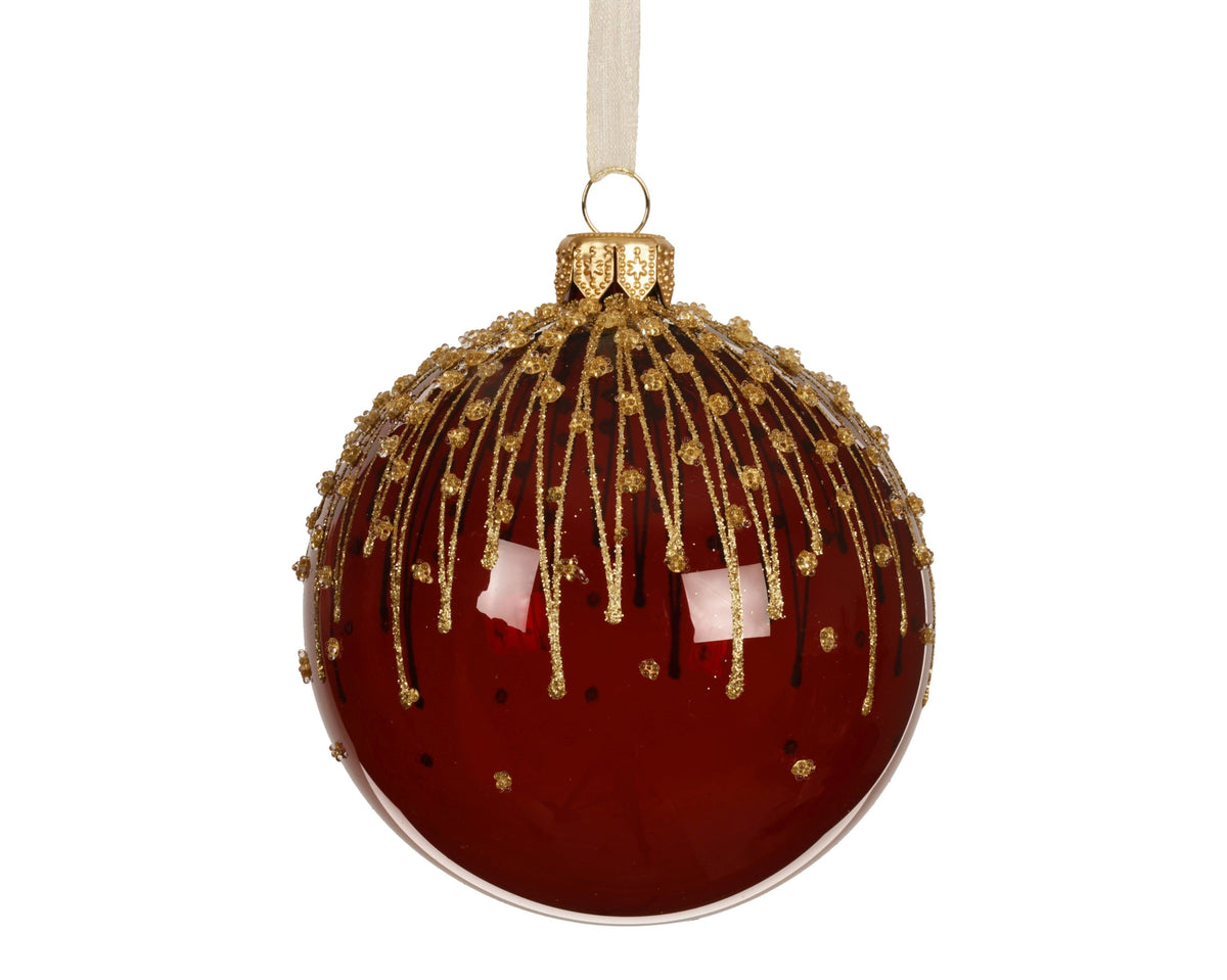 kerstbal glas transparent shiny glitter lines ossenbloed d.8cm
