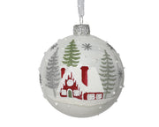 kerstbal glas enamel house with trees winterwit d.8cm
