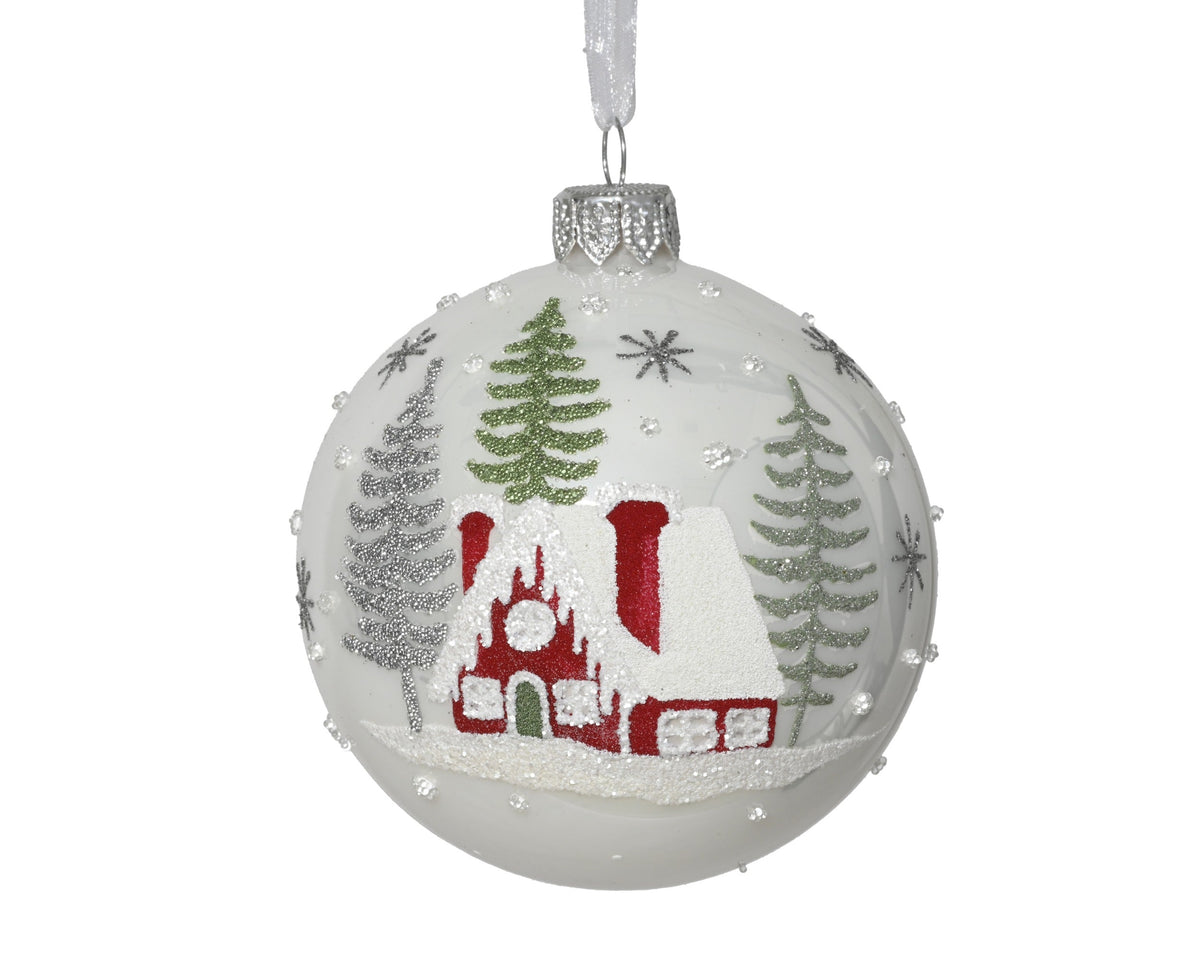 kerstbal glas enamel house with trees winterwit d.8cm