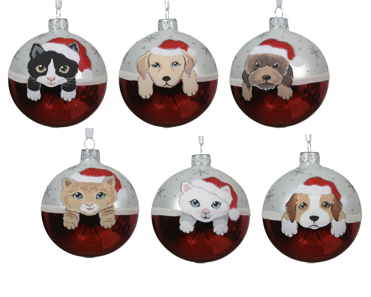 kerstbal glas matt shiny cats and dogs 6ass winterwit d.8cm