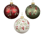 kerstbal glas matt branch with berries 3col ass assortie d.8cm