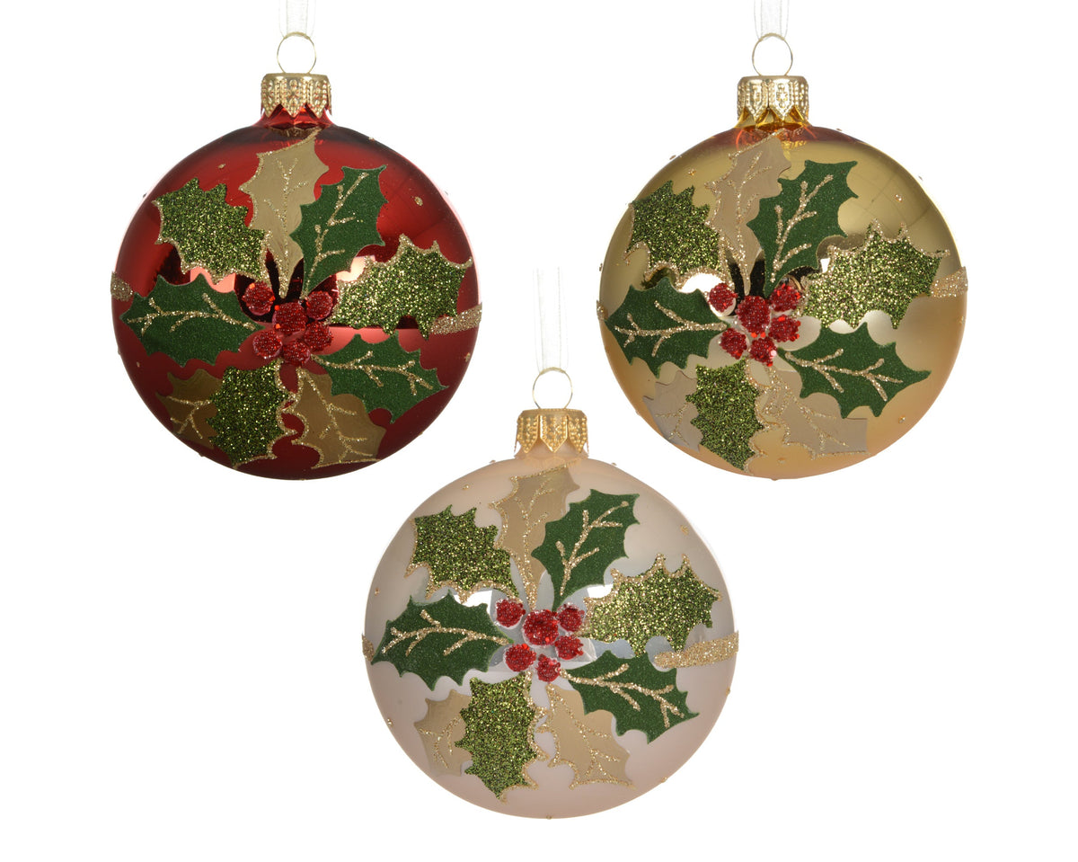 kerstbal glas shiny,matt holly leaf 3col ass assortie d.8cm
