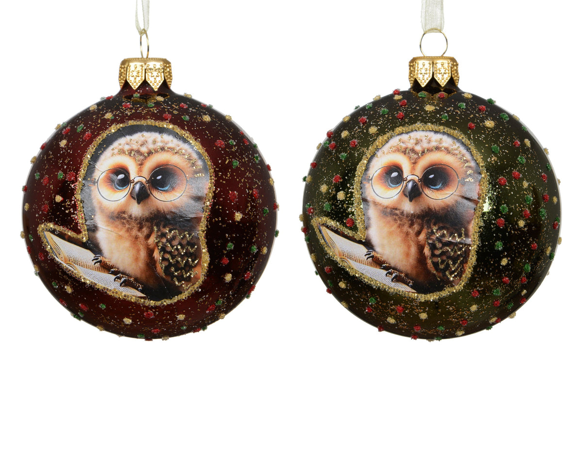 kerstbal glas shiny owl 2col ass assortie d.8cm