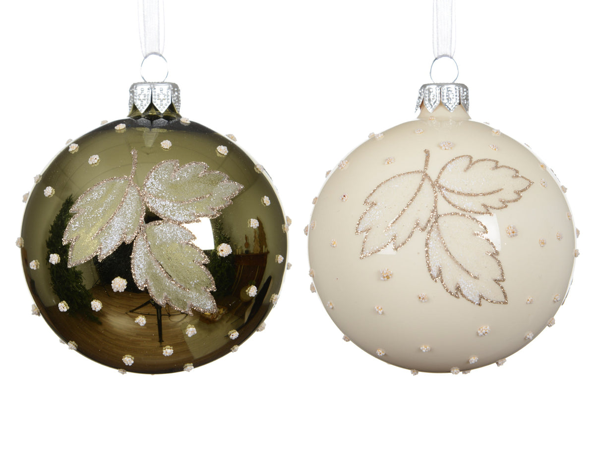 kerstbal glas enamel, shiny leaves and dots 2col ass assortie d.8cm