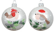 kerstbal glas matt bird on holly branch 2ass winterwit d.8cm