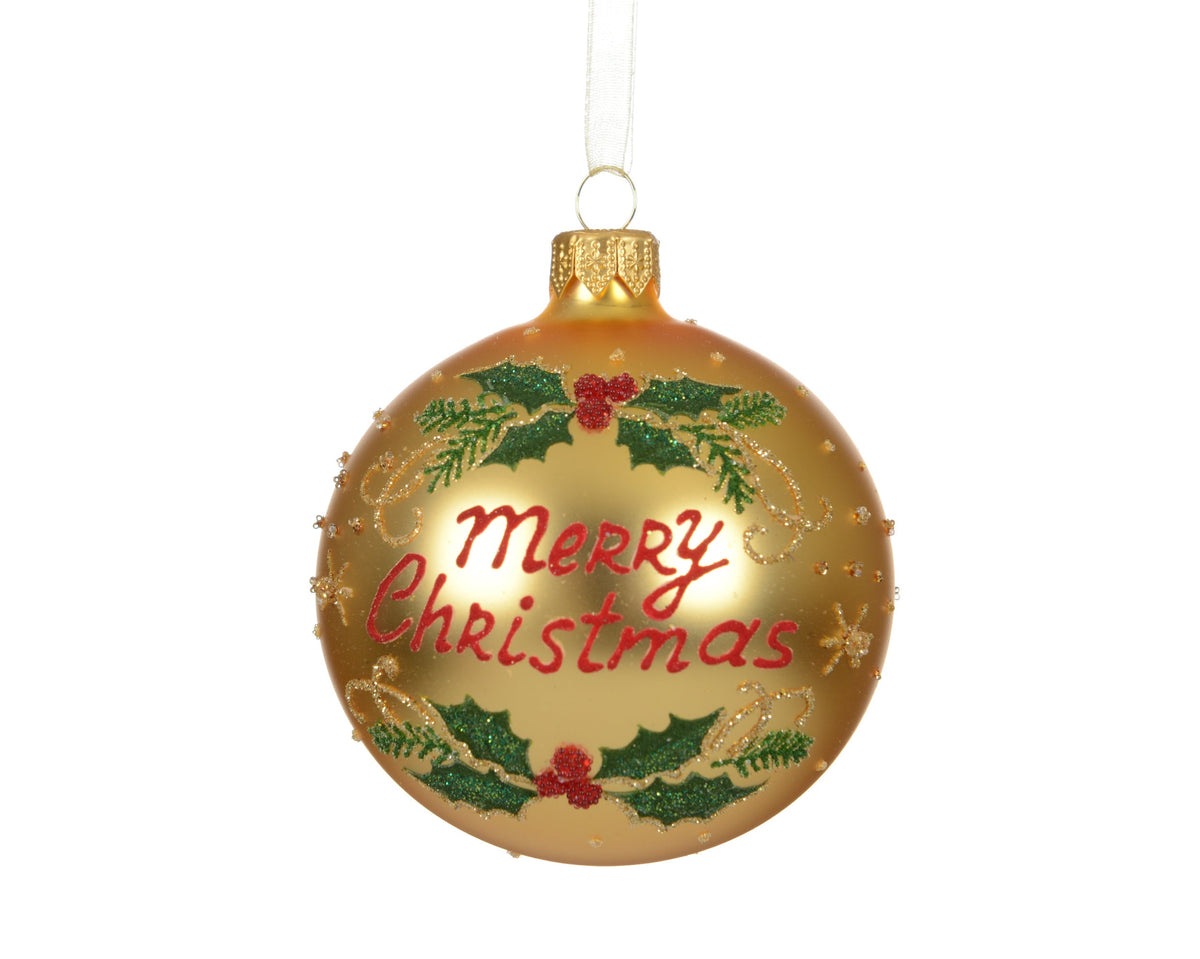 kerstbal glas matt merry christmas licht goud d.8cm