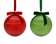 kerstballen glas shiny with glitter ribs, bow 2col ass assortie d.19cm