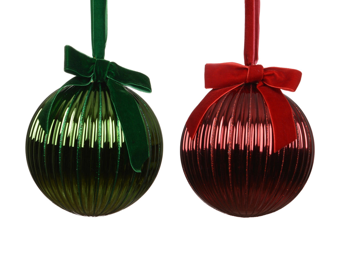 kerstballen glas shiny with glitter ribs, bow 2col ass assortie d.14cm