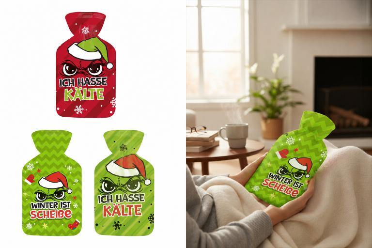 wärmflasche 2l inkl überzug "festtagsmuffel", 2 designs, 2 farben
