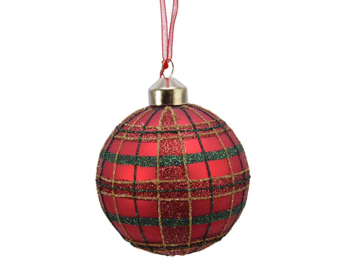 kerstbal glas glitter check kerstrood d.8cm