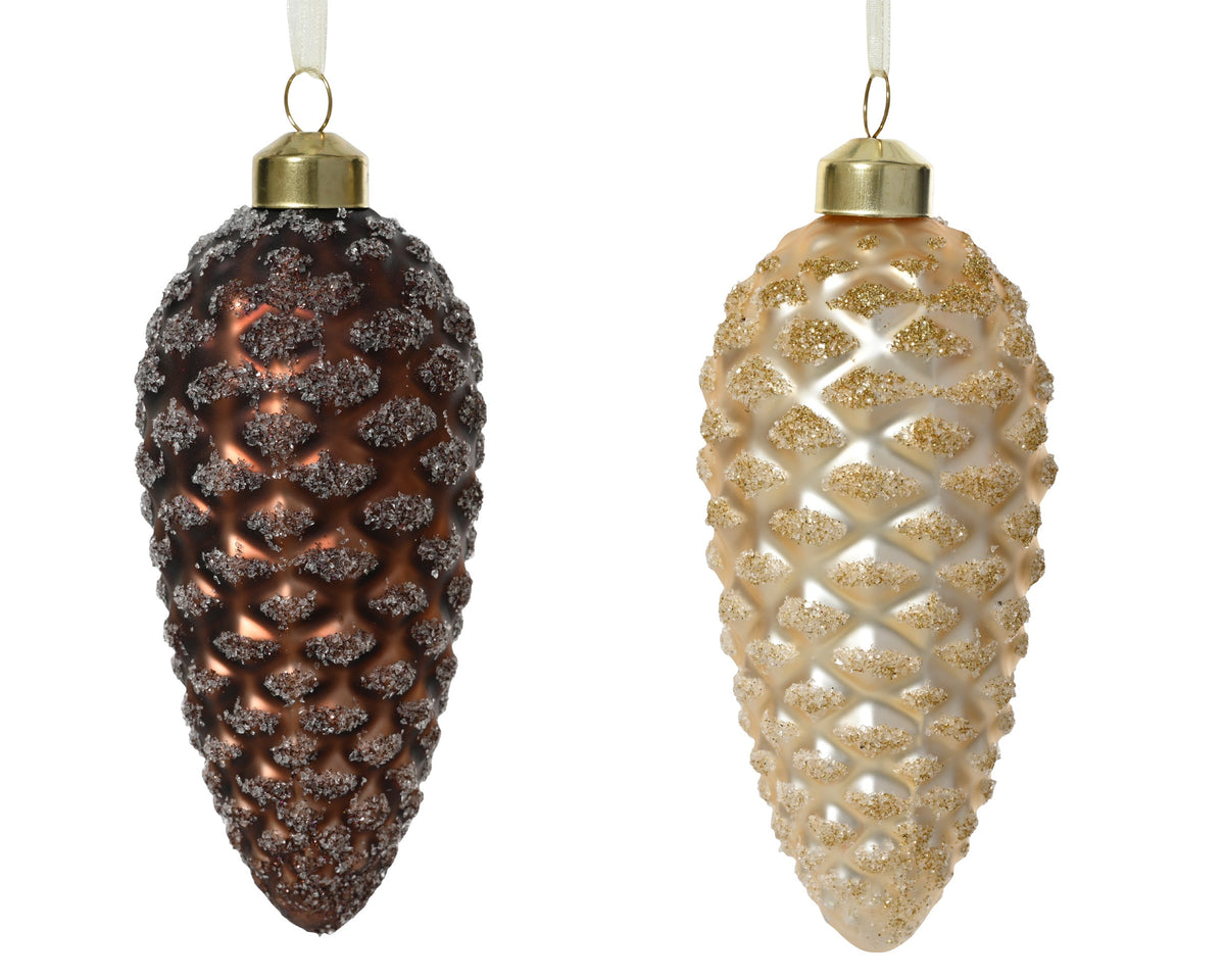 dennenappel glas matt w transparent beads 2col ass assortie l.6cm x w.6cm x h.12cm