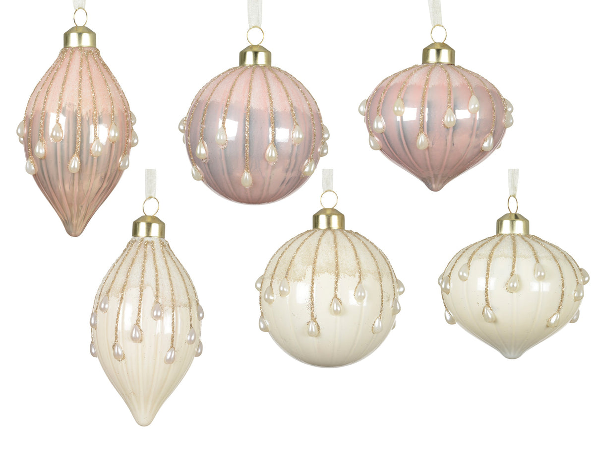 kerstballen glas enamel w glitter lines, w pearl 6ass assortie d.8cm