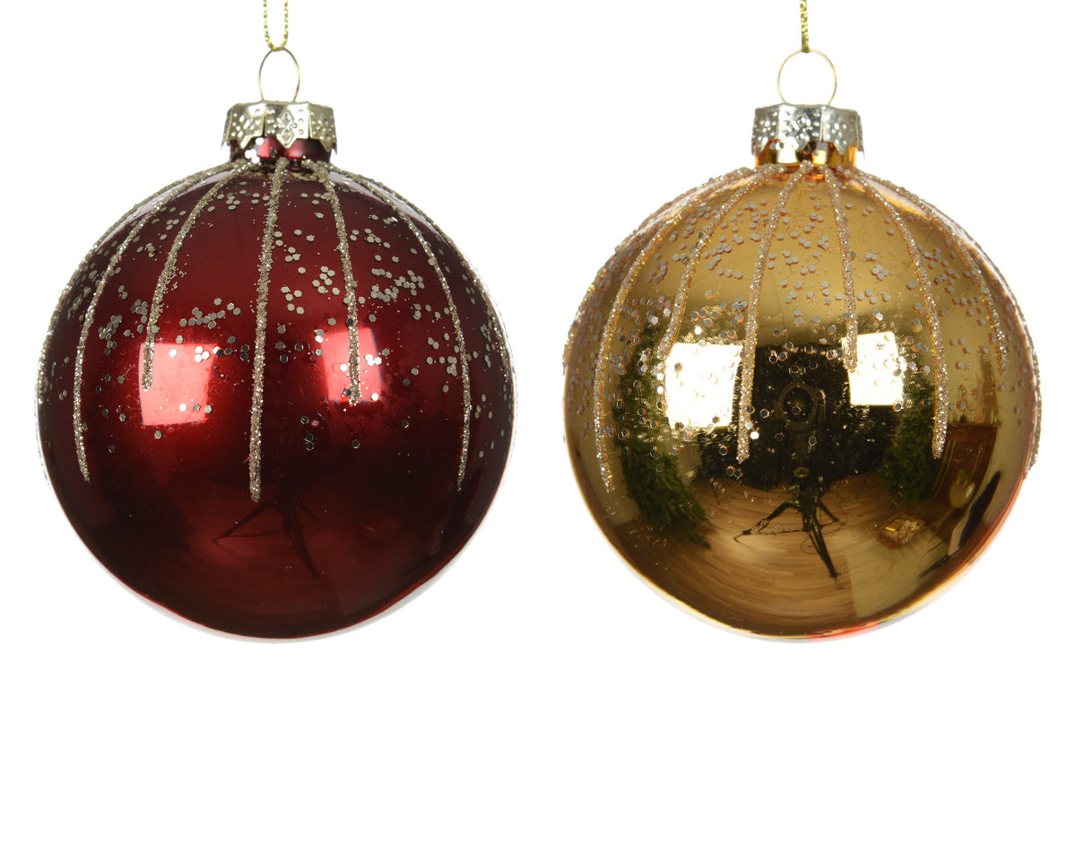 kerstballen glas shiny with sequins and glitter lines 2col ass assortie d.8cm