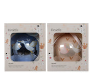 kerstballen glas with swan and baby decal, with bow on top 2col ass assortie d.10cm