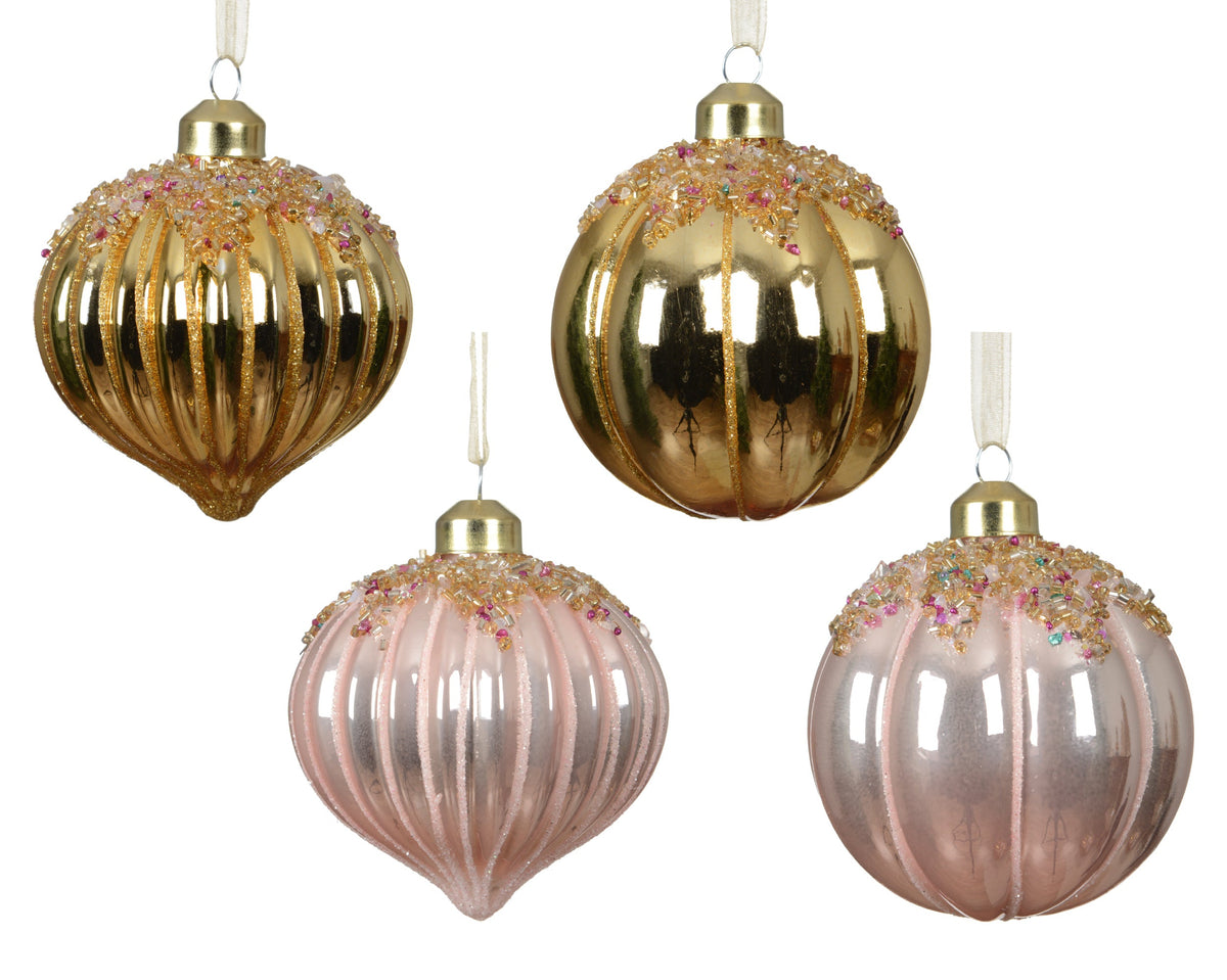 kerstballen glas shiny/enamel - matt with beads on top 4ass assortie d.8cm