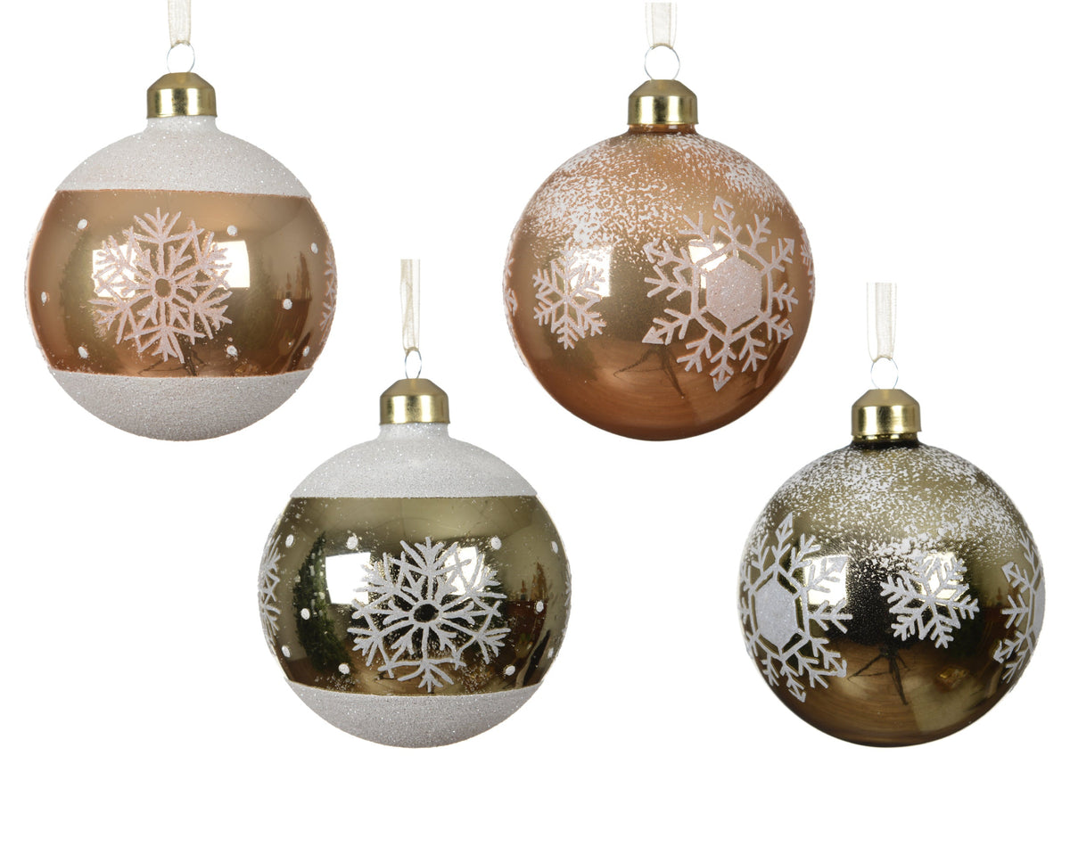 kerstballen glas shiny/enamel with snowflakes and snow - with snowflake and frost 4ass assortie d.8cm