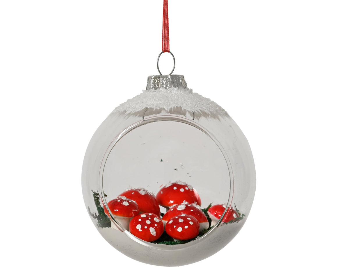 kerstballen glas with mushroom, snow transparant/kleur(en) d.8cm