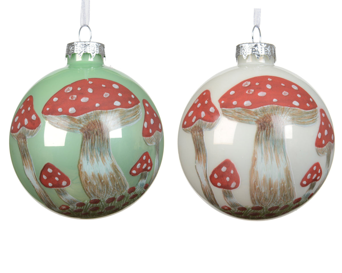 kerstballen glas shiny/enamel with mushroom decal 2col ass assortie d.8cm