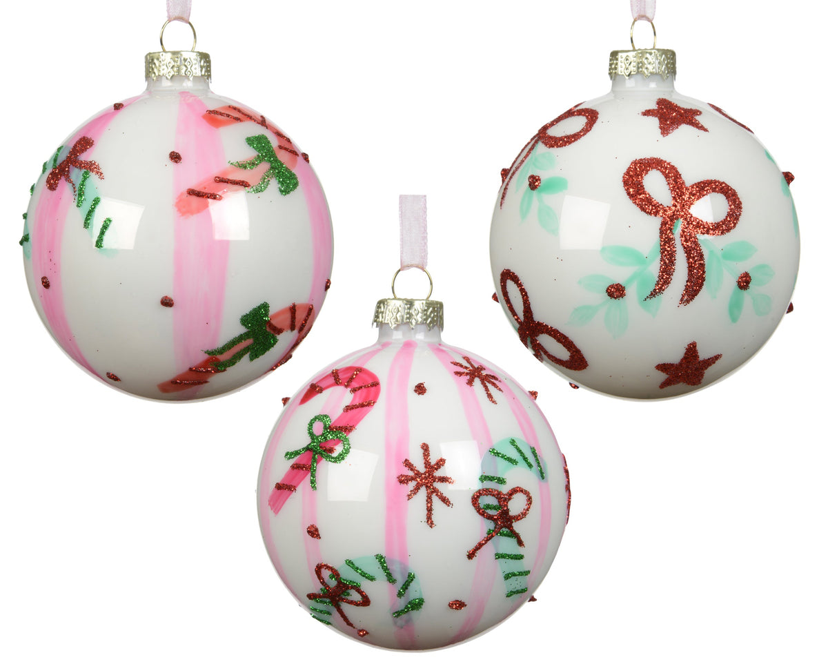 kerstballen glas with decal 3ass wit/kleur(en) d.8cm