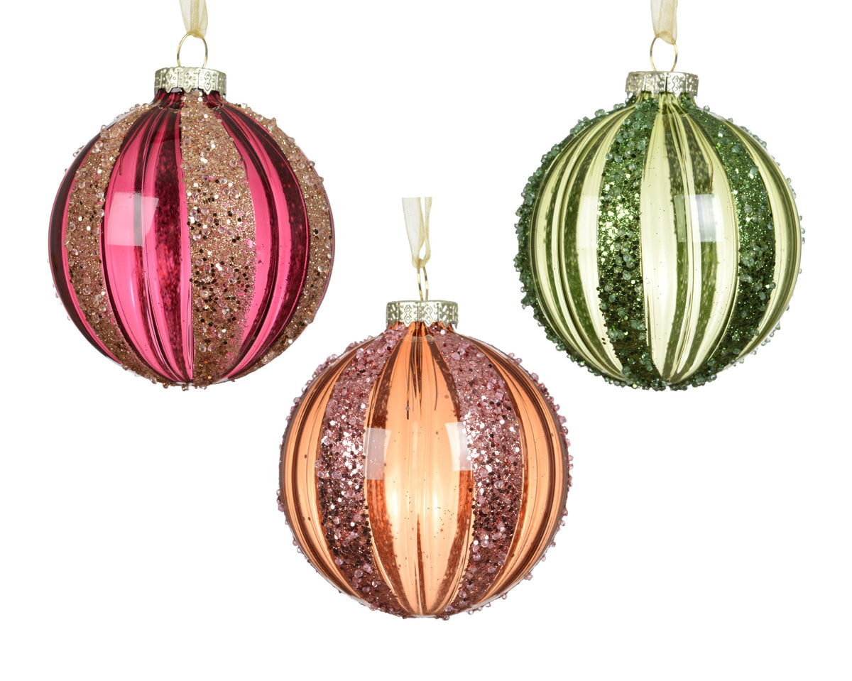 kerstballen glas transparent with plastic bead lines 3col ass assortie d.8cm