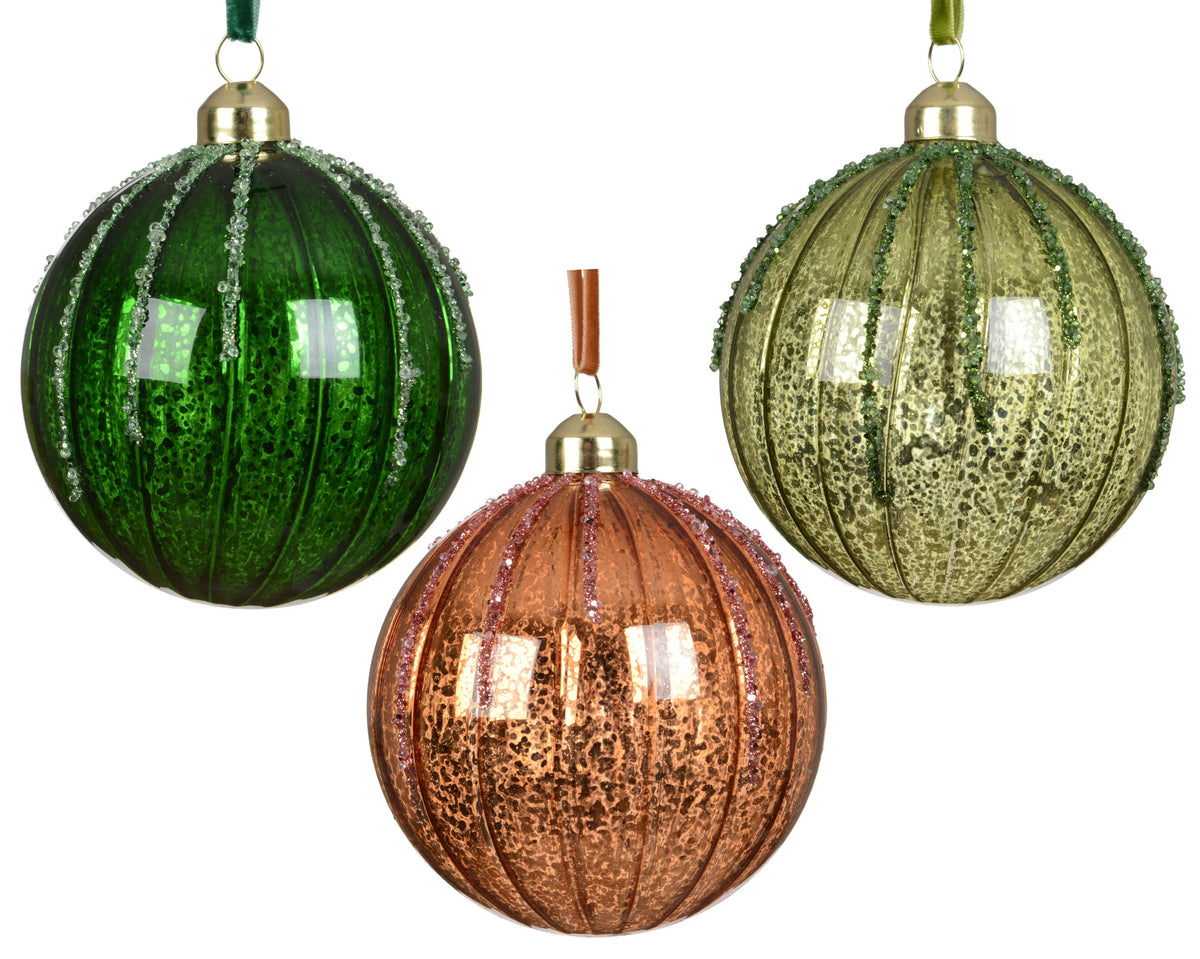 kerstballen glas antique finish with glitter lines 3col ass assortie d.10cm
