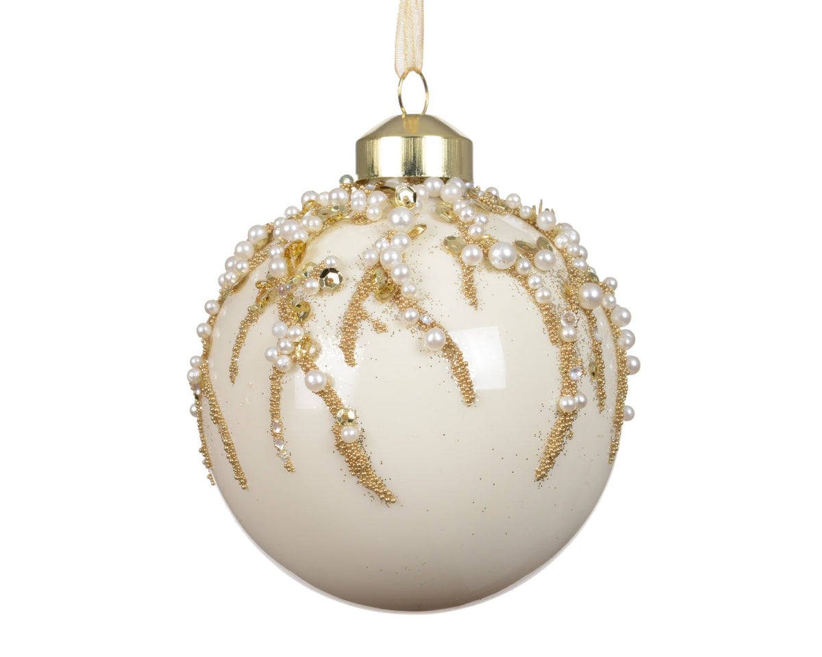 kerstballen glas enamel with beads, pearls wolwit d.8cm