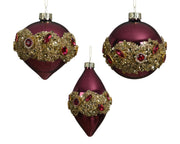 kerstballen glas shiny with bead stripes in middle 3ass donker roze d.8cm