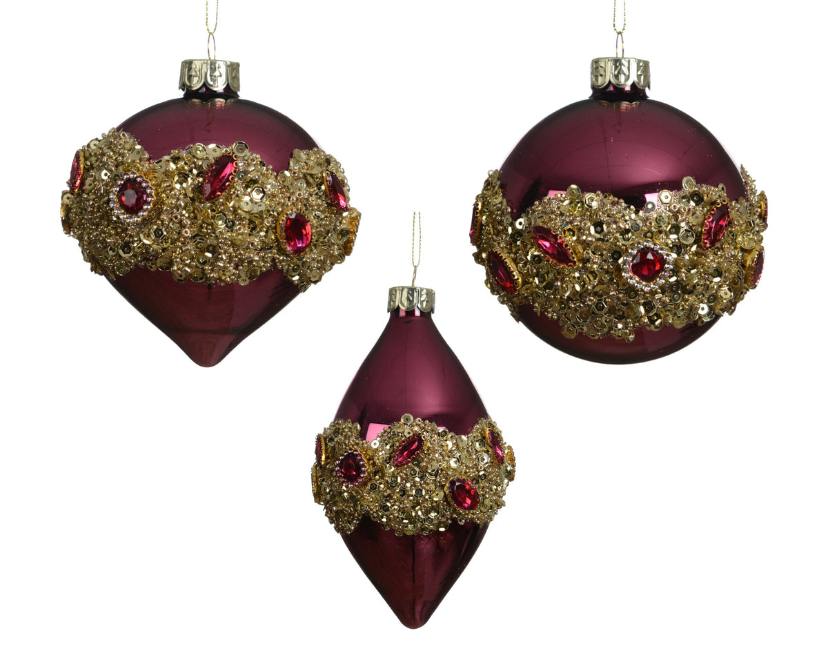 kerstballen glas shiny with bead stripes in middle 3ass donker roze d.8cm