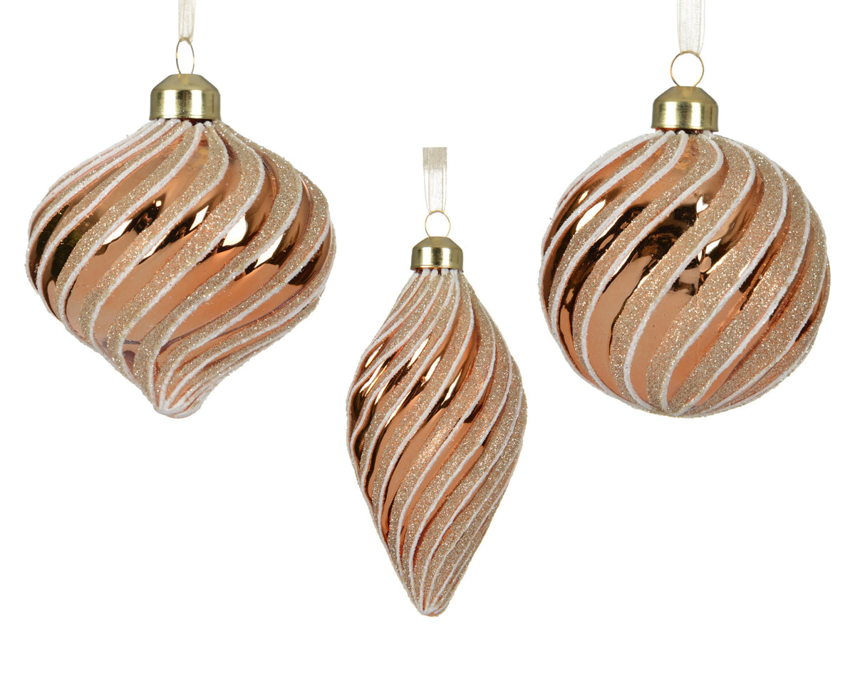 kerstballen glas shiny with gold glitter swirls 3ass brandy d.8cm