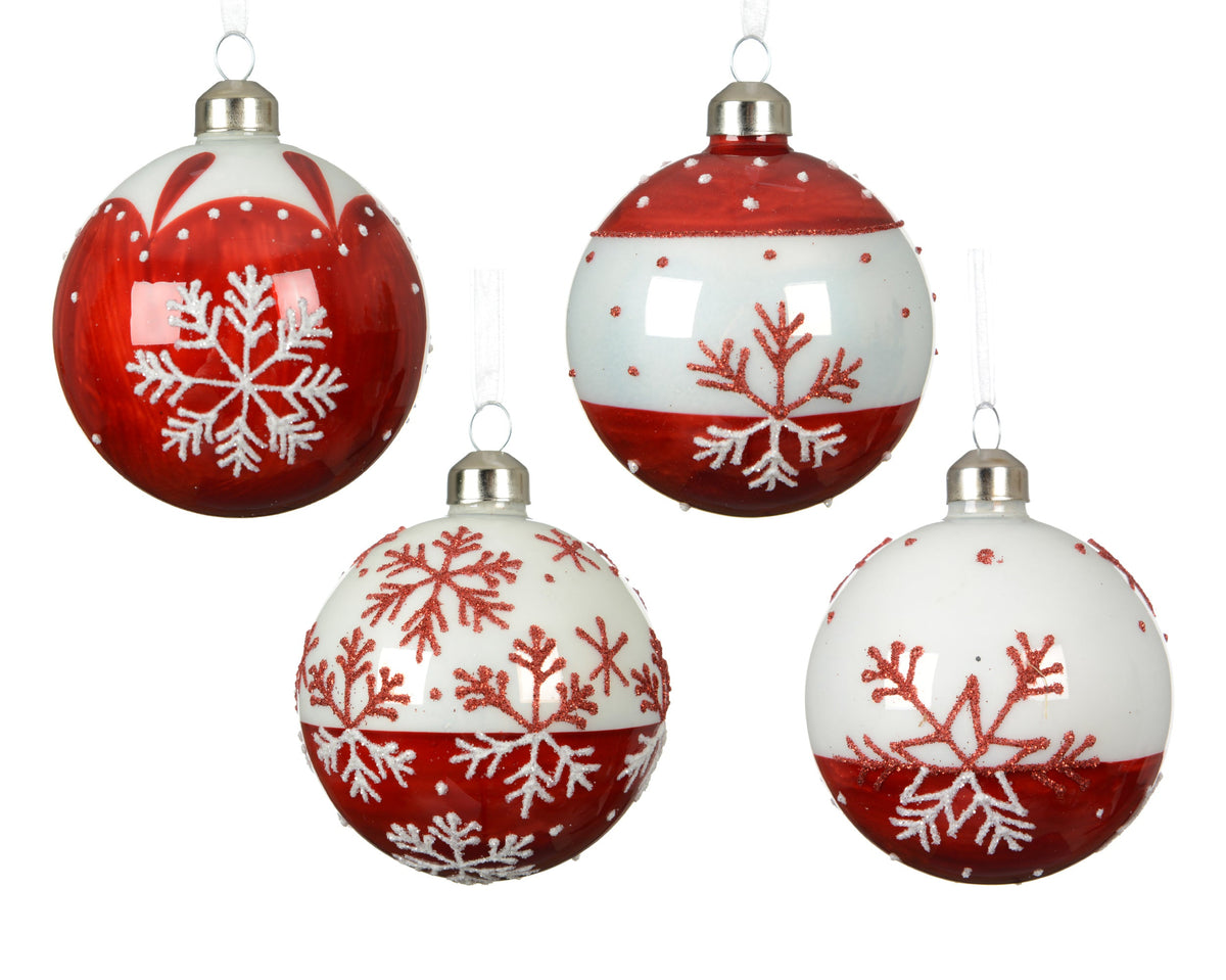 kerstballen glas enamel 4ass winterwit/kleur(en) d.8cm