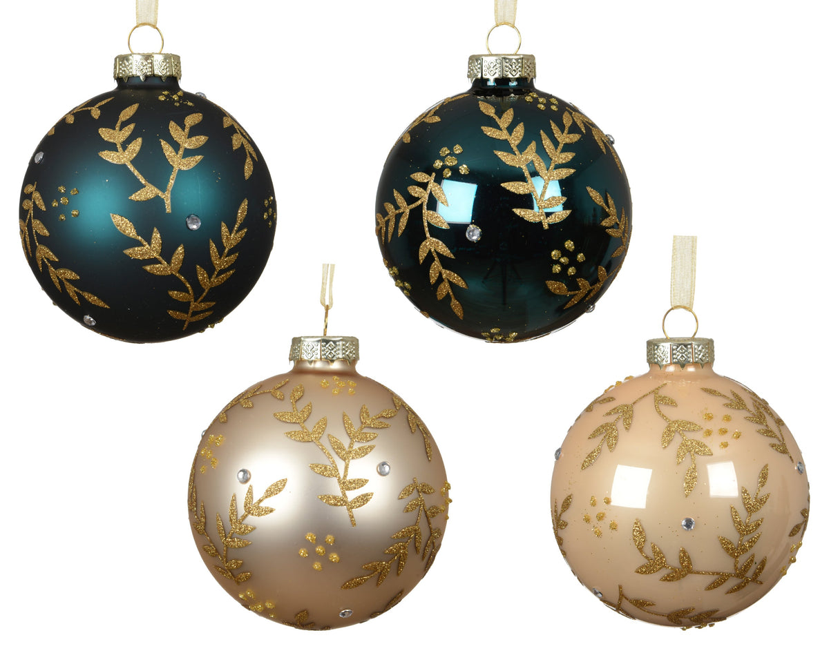 kerstballen glas shiny - matt with leaf 4col ass assortie d.8cm