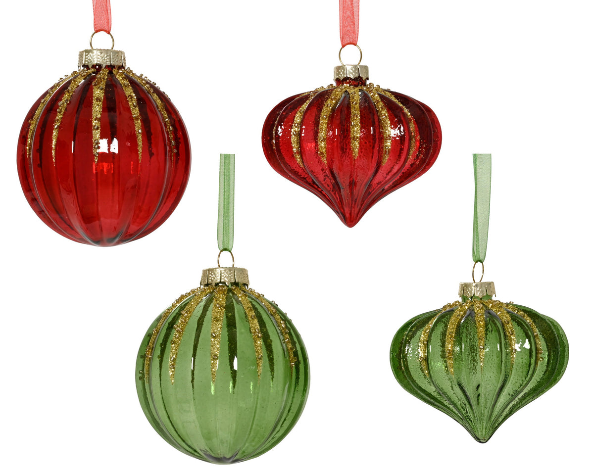 kerstballen glas shiny with bead lines 4ass assortie d.8cm