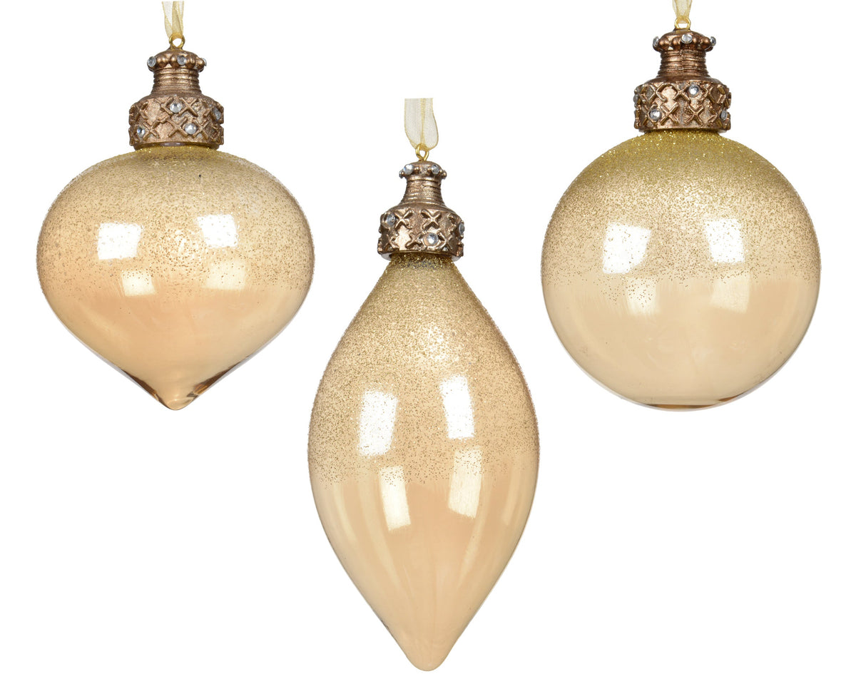 ornament glas iris finish with glitter on top 3ass amber d.8cm