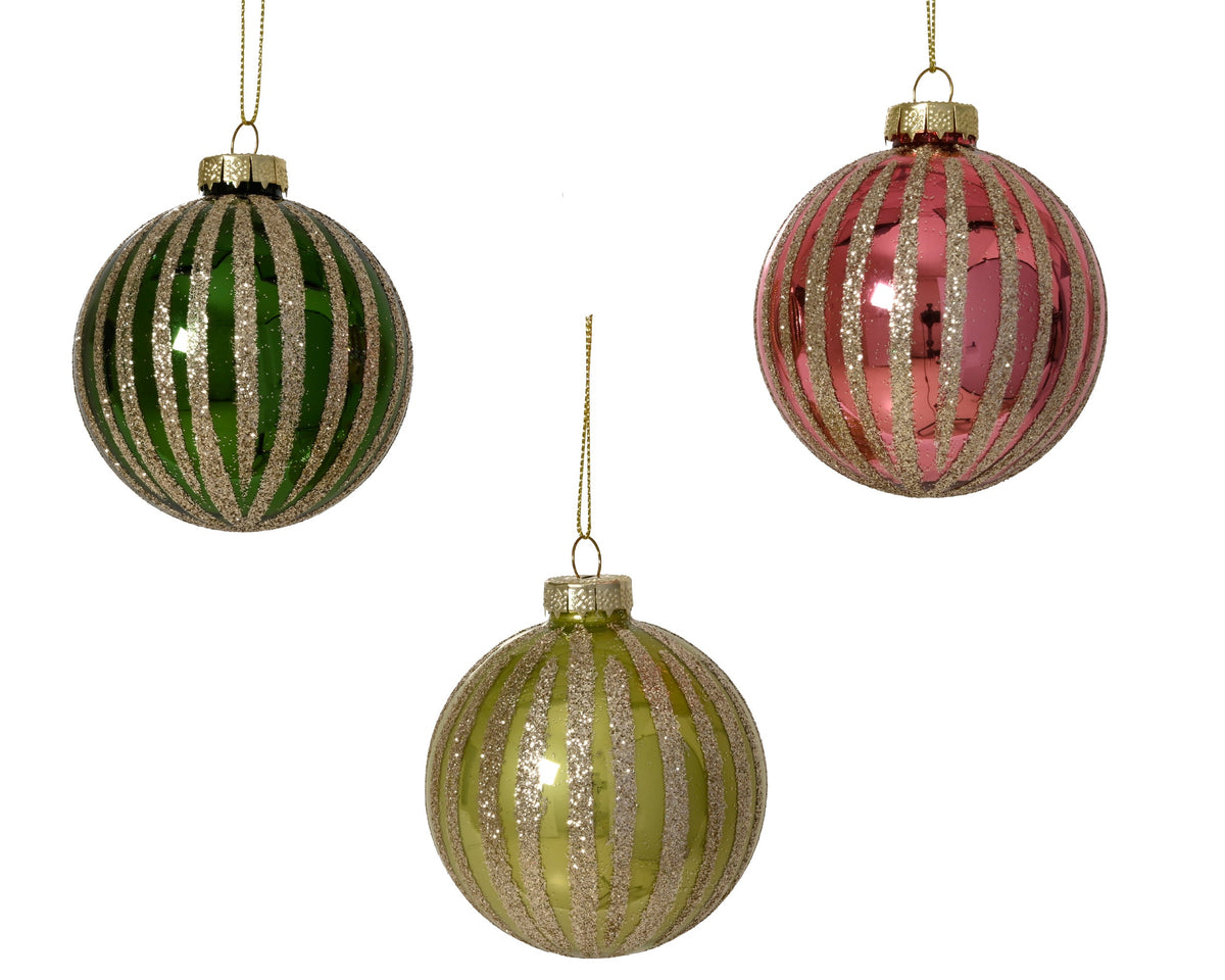 kerstballen glas shiny/enamel with glitter stripes 3col ass assortie d.8cm