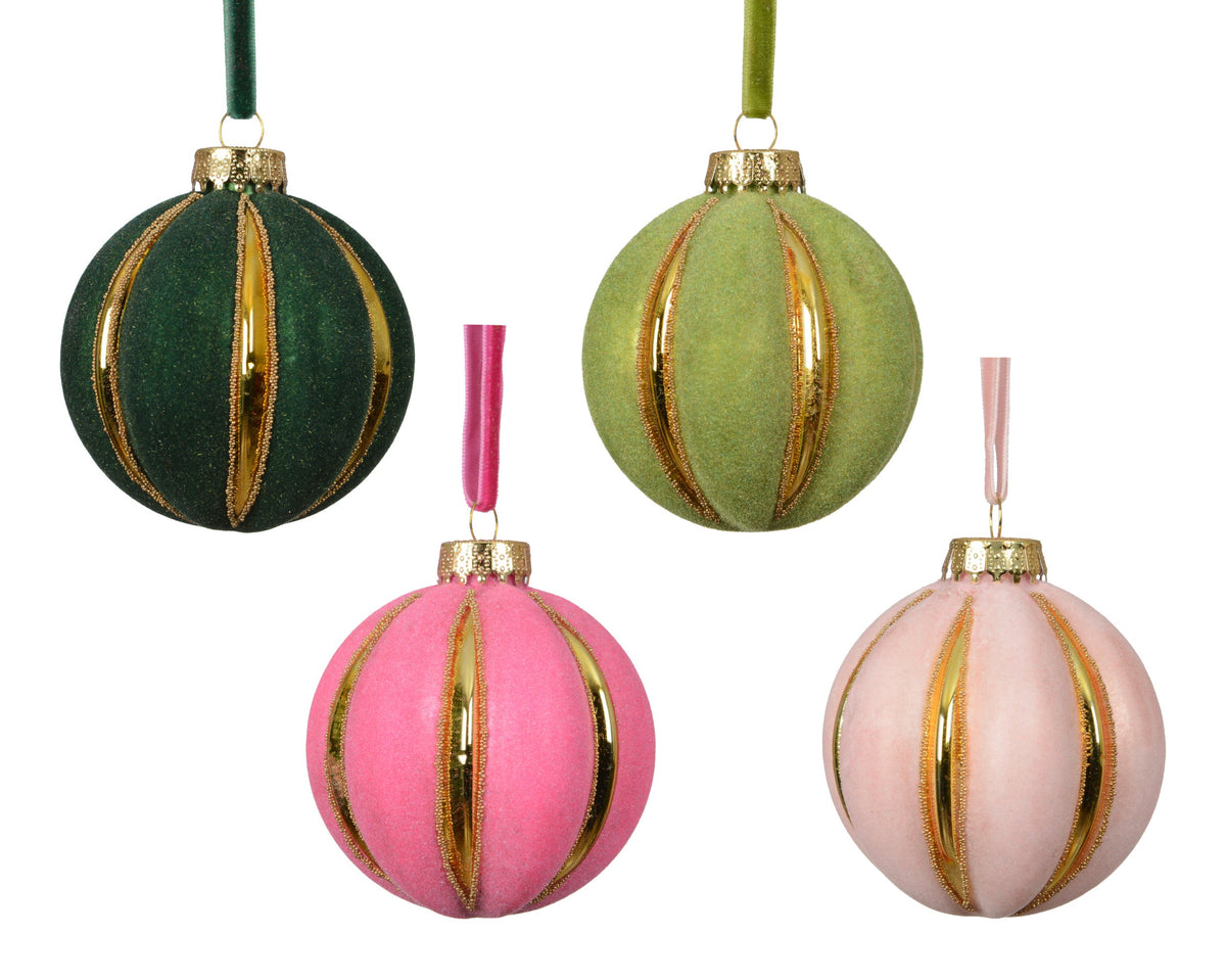 kerstballen glas flock finish with gold lines 4col ass assortie d.8cm