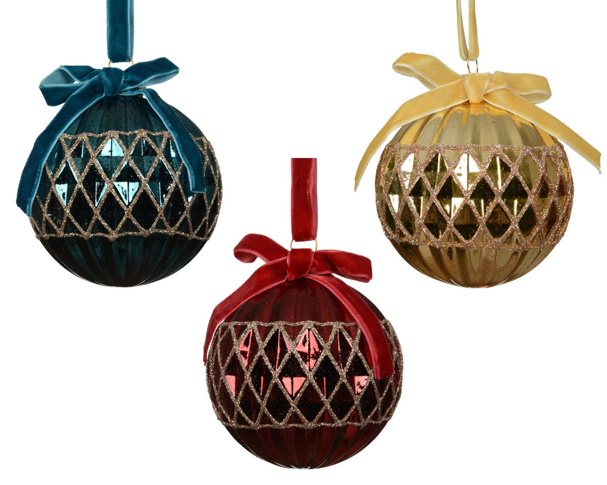 kerstballen glas shiny with bow on top 3col ass assortie d.8cm