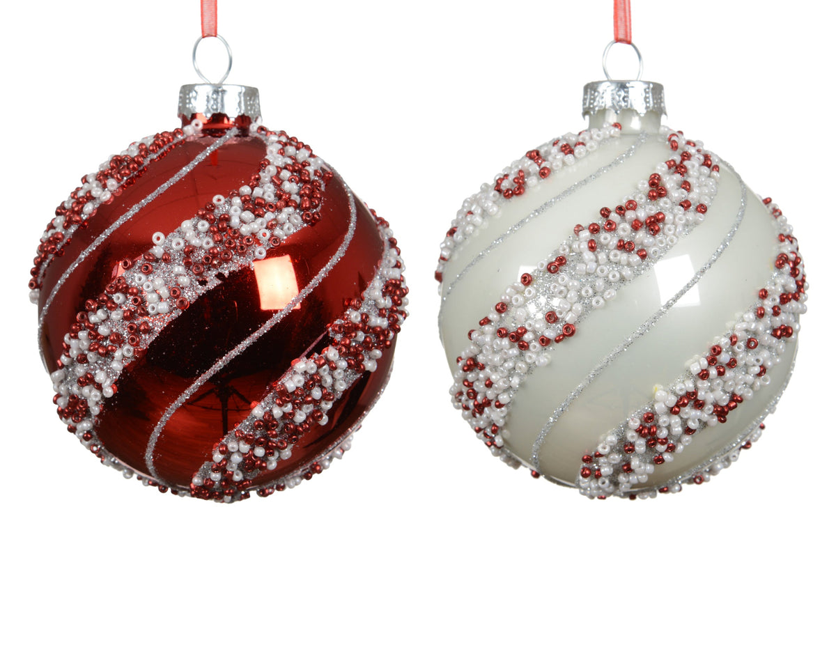 kerstballen glas shiny/enamel with bead swirls 2col ass assortie d.8cm
