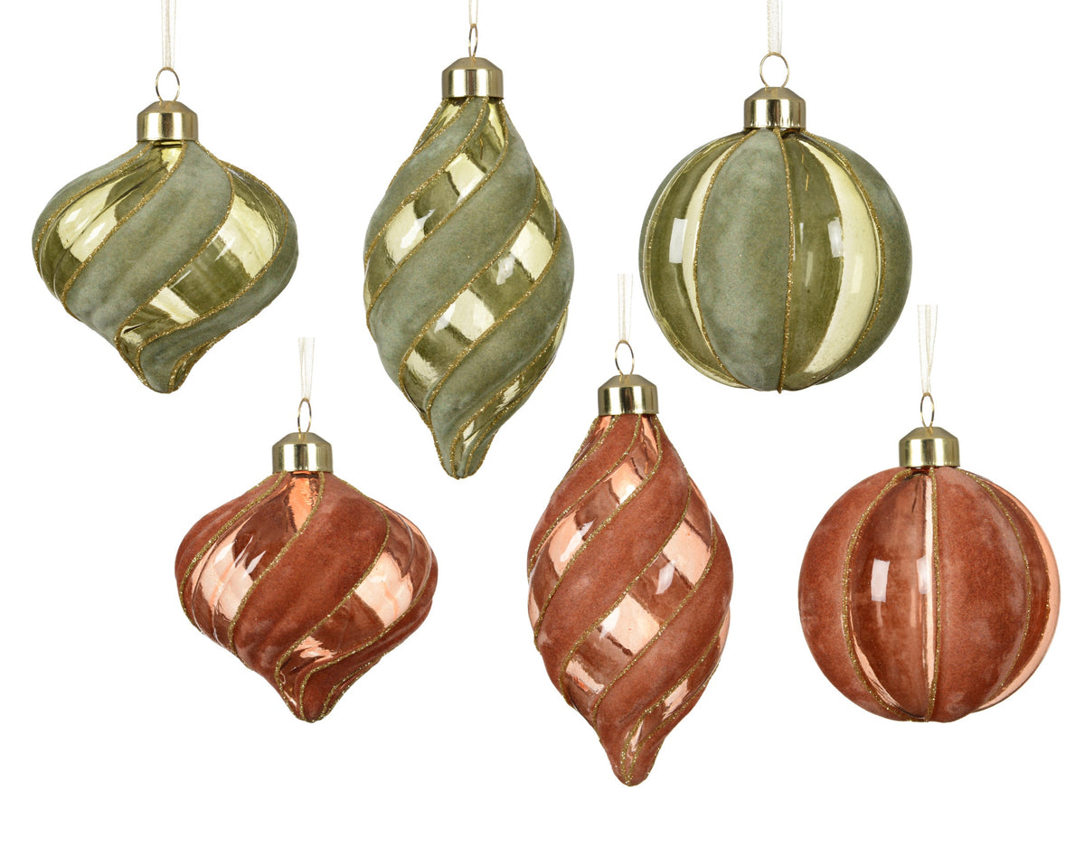 kerstballen glas transparent with flock swirls 6ass assortie d.8cm